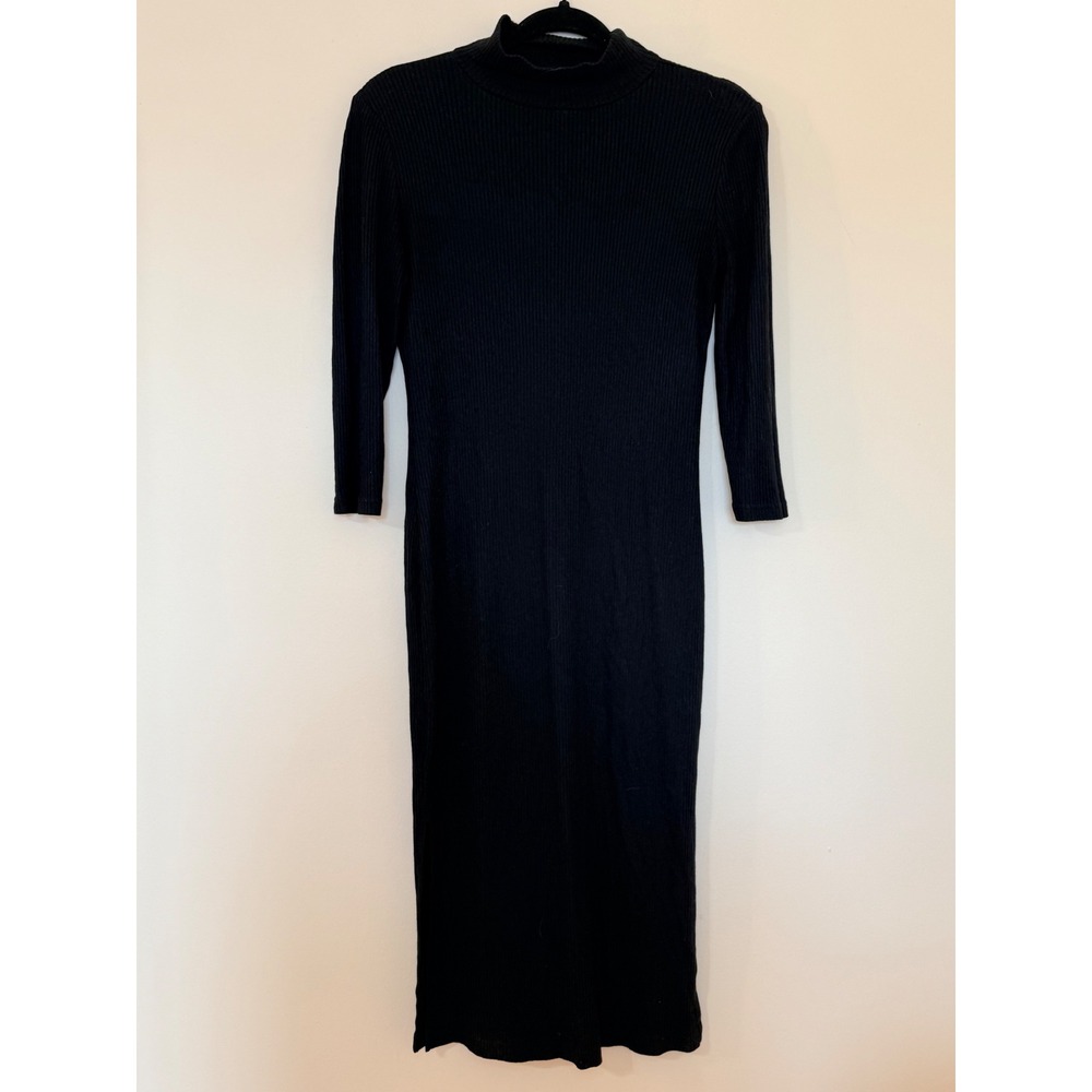 Banana Republic Black Ribbed Mock Neck Midi Dress 3/4 Sleeve XS